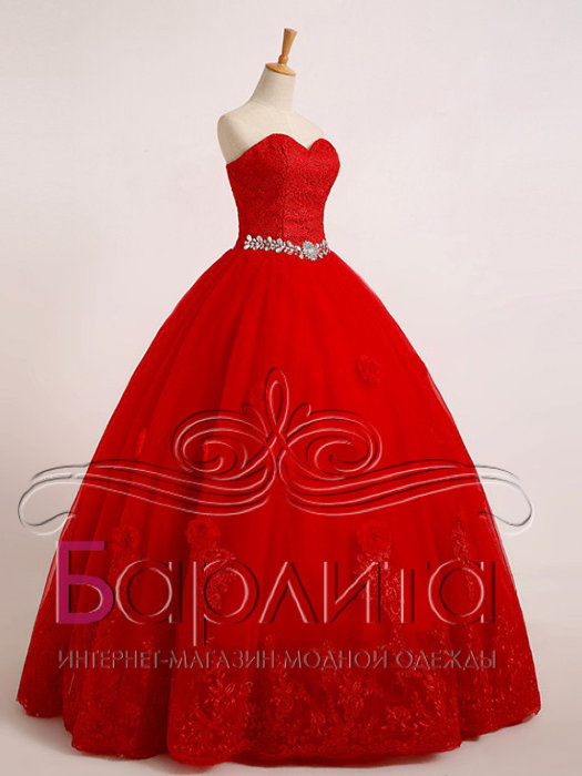 Пышное красное платье &quot;Альба&quot; Великолепное современное пышное красное платье. Это платье не оставит равнодушной ни одну представительницу прекрасного пола. Силуэт платья двоякий. Одевая его с пышным подъюбником , это платье становится свадебным или бальным нарядом, а без него это красивое пышное вечернее платье. Лиф платья кружевной. Пояс декорирован красивыми блестящими камушками, а подол юбки обшит кружевными цветами. Платье на корсете.